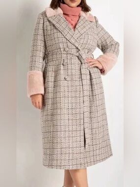 Eloquii Plaid Trench Coat with Pink and Gold Accents